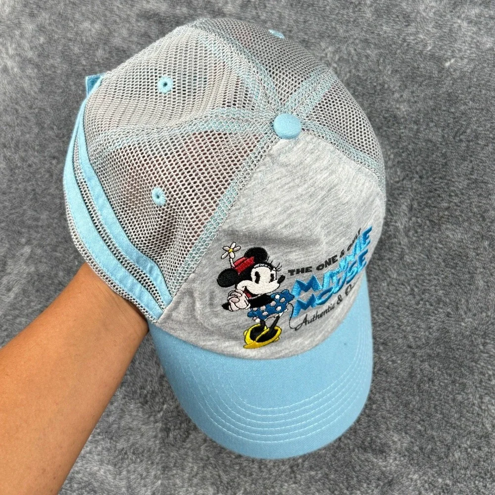 Disney Parks Minnie Mouse Trucker Hat Light Blue Grey Embroidered Mesh Cap Adult
